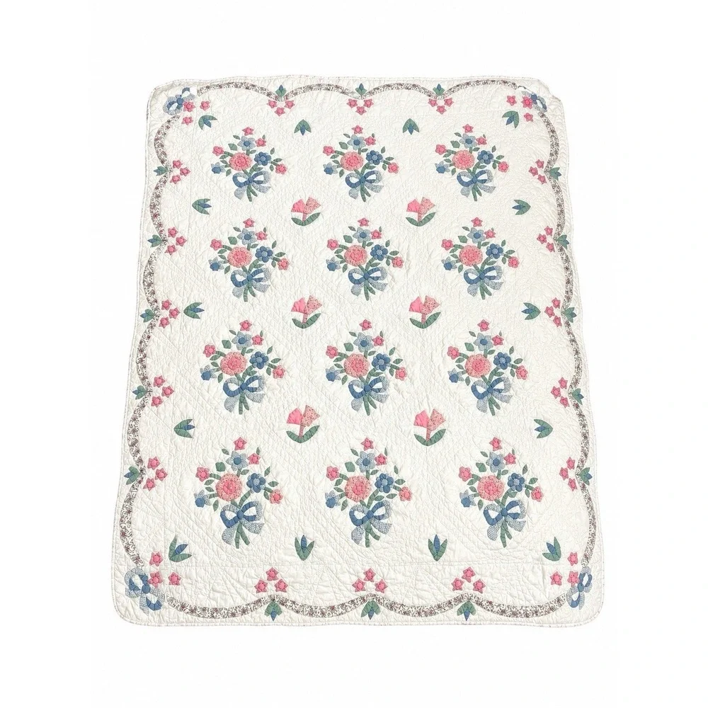 Vintage‎ Arch Cotton Handmade Appliqued Floral Quilt Pastel Colors Twin Cottage
